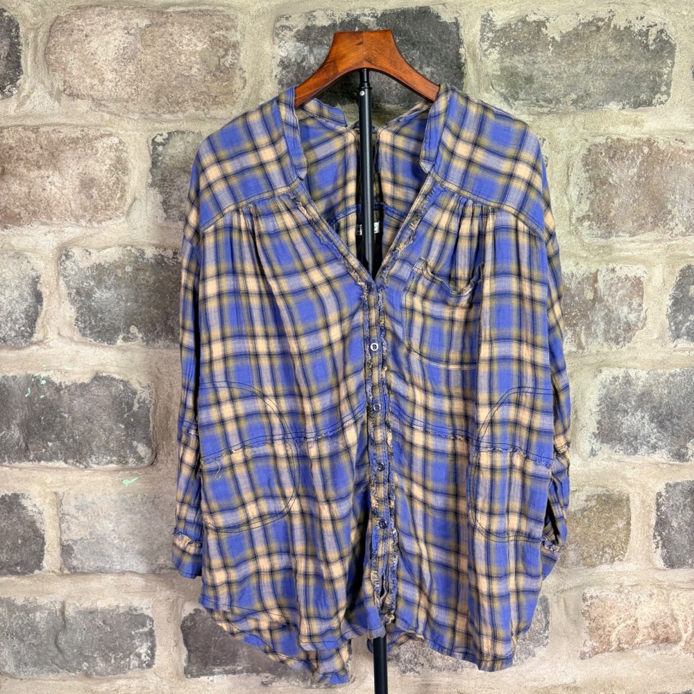 We The Free Free People Blue Plaid Button Down Tie Back Top OB1504622 Medium